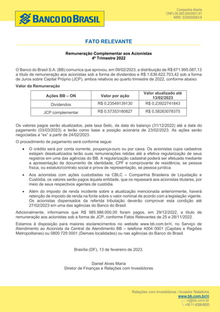 Companhia Aberta
CNPJ 00.000.000/0001-91
NIRE: 5330000063-8
Relações com Investidores / Investor Relations
www.bb.com.br/r...