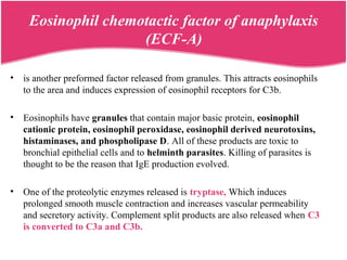 Eosinophil chemotactic factor of anaphylaxis
(ECF-A)
• is another preformed factor released from granules. This attracts eosinophils
to the area and induces expression of eosinophil receptors for C3b.
• Eosinophils have granules that contain major basic protein, eosinophil
cationic protein, eosinophil peroxidase, eosinophil derived neurotoxins,
histaminases, and phospholipase D. All of these products are toxic to
bronchial epithelial cells and to helminth parasites. Killing of parasites is
thought to be the reason that IgE production evolved.
• One of the proteolytic enzymes released is tryptase, Which induces
prolonged smooth muscle contraction and increases vascular permeability
and secretory activity. Complement split products are also released when C3
is converted to C3a and C3b.
 