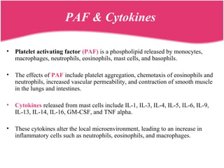 PAF & Cytokines
• Platelet activating factor (PAF) is a phospholipid released by monocytes,
macrophages, neutrophils, eosinophils, mast cells, and basophils.
• The effects of PAF include platelet aggregation, chemotaxis of eosinophils and
neutrophils, increased vascular permeability, and contraction of smooth muscle
in the lungs and intestines.
• Cytokines released from mast cells include IL-1, IL-3, IL-4, IL-5, IL-6, IL-9,
IL-13, IL-14, IL-16, GM-CSF, and TNF alpha.
• These cytokines alter the local microenvironment, leading to an increase in
inflammatory cells such as neutrophils, eosinophils, and macrophages.
 