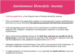 • Cold autoagglutinins, a less frequent cause of immune hemolytic anemias.
• These are thought to be triggered by antigens on microorganisms, because antibodies have
been known to occur following Mycoplasma pneumonia and infectious mononucleosis.
• Cold autoagglutinins have also been seen in such diseases as chronic lymphocytic
leukemia, non- Hodgkin’s lymphoma, myelodysplastic syndrome, or systemic lupus
erythematosus.
• These cold-reacting antibodies belong to the IgM class, and most are specific for the Ii
blood groups on red cells. Reactions are seen only if the individual is exposed to the cold
and the temperature in the peripheral circulation falls below 30°C.
• Although complement activation begins in the cold, it can proceed at body temperature. If
the entire complement sequence is activated, intravascular hemolysis may occur.
• A simple treatment is to keep the patient warm, especially the hands and feet, to prevent
complement activation.
Autoimmune Hemolytic Anemia
 