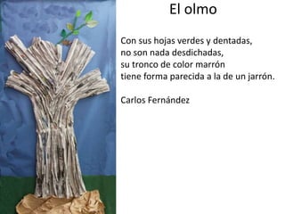 El olmo
Con sus hojas verdes y dentadas,
no son nada desdichadas,
su tronco de color marrón
tiene forma parecida a la de un jarrón.
Carlos Fernández
 