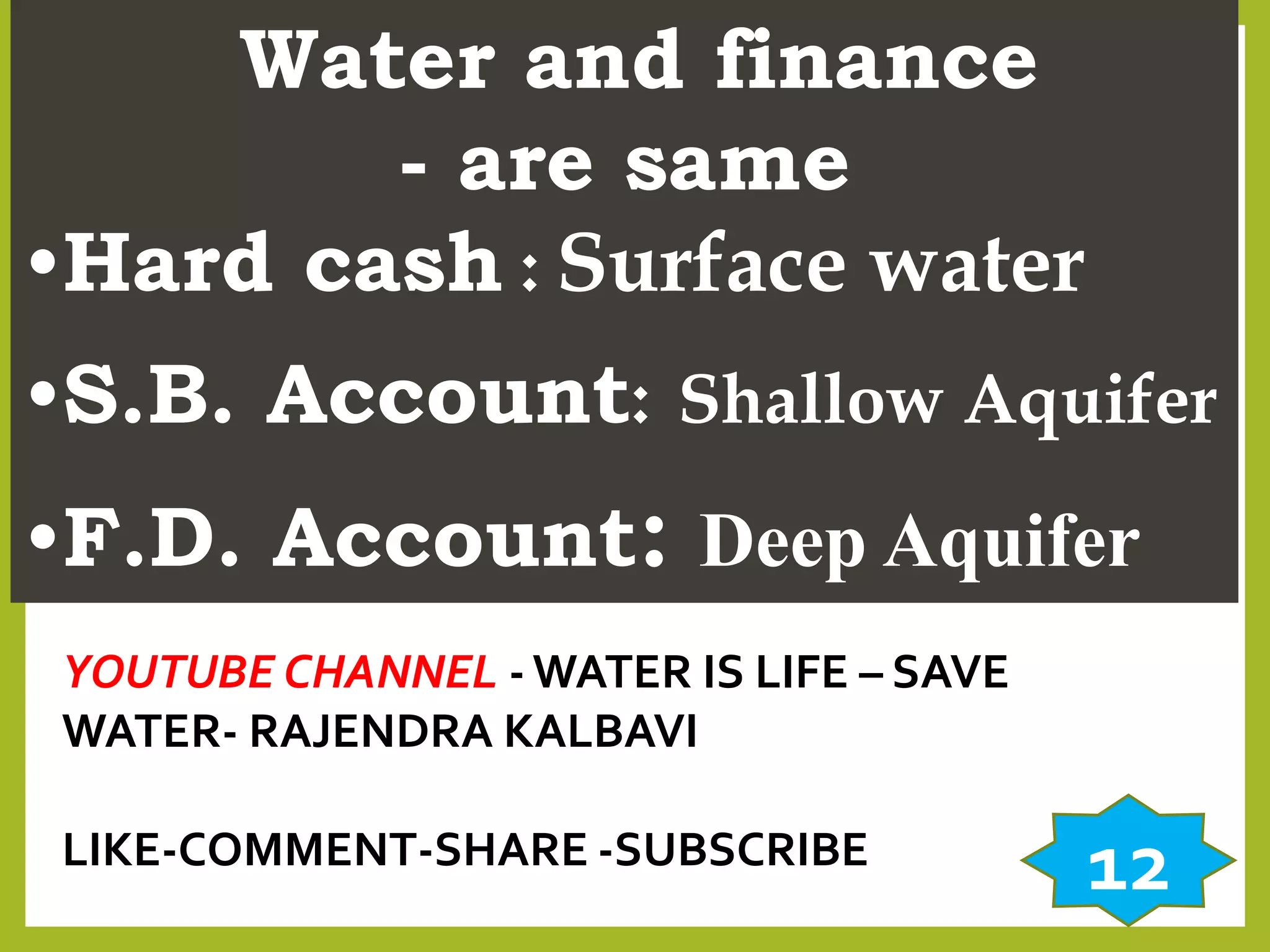 Water and finance
- are same
•Hard cash : Surface water
•S.B. Account: Shallow Aquifer
•F.D. Account: Deep Aquifer
YOUTUBE CHANNEL - WATER IS LIFE – SAVE
WATER- RAJENDRA KALBAVI
LIKE-COMMENT-SHARE -SUBSCRIBE 12
 