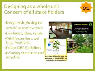 Designing as a whole unit -
Concern of all stake holders
•Design with 360 degree
•Avoid Eco sensitive sites
•Like forest, lakes, canals
•Wildlife corridors, wet
land, flood land.
•Follow IGBC Guidelines
•Including demolition and
recycling
 