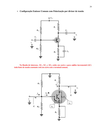 24
• Configuração Emissor Comum com Polarização por divisor de tensão
Na Banda de interesse, XC1, XC2 e XCE estão em curto e para análise incremental (AC)
toda fonte de tensão constante está em curto com o terminal comum.
RC
RB1
VCC
vi
C2
C1
v0
CERE
RB2
RC
RB1
vi
v0
RE
RB2
ββre re
r0
i0
ii
Zi
Z0
i02
i01
i01 //ββ
 