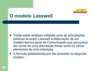 O modelo Lasswell Todas estas análises voltadas para as articulações políticas levaram Lasswell à elaboração de um modelo teórico geral da Comunicação que procurava dar conta de uma articulação linear entre os vários elementos de uma interação.  A fórmula estabelecida por ele consistia no seguinte modelo:  