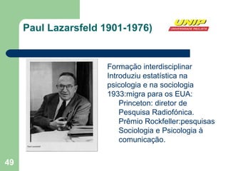 Paul Lazarsfeld 1901-1976) Formação interdisciplinar Introduziu estatística na psicologia e na sociologia 1933:migra para os EUA: Princeton: diretor de Pesquisa Radiofónica. Prêmio Rockfeller:pesquisas Sociologia e Psicologia à comunicação. 