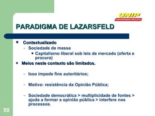 PARADIGMA DE LAZARSFELD Contextualizado Sociedade de massa Capitalismo liberal sob leis de mercado (oferta e procura) Meios neste contexto são limitados. Isso impede fins autoritários; Motivo: resistência da Opinião Pública; Sociedade democrática > multiplicidade de fontes > ajuda a formar a opinião pública > interfere nos processos . 