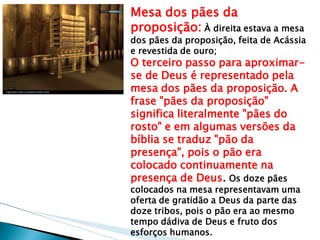 Mesa dos pães da proposição: À direita estava a mesa dos pães da proposição, feita de Acássia e revestida de ouro; O terceiro passo para aproximar- se de Deus é representado pela mesa dos pães da proposição. A frase "pães da proposição" significa literalmente "pães do rosto" e em algumas versões da bíblia se traduz "pão da presença", pois o pão era colocado continuamente na presença de Deus. Os doze pães colocados na mesa representavam uma oferta de gratidão a Deus da parte das doze tribos, pois o pão era ao mesmo tempo dádiva de Deus e fruto dos esforços humanos.  