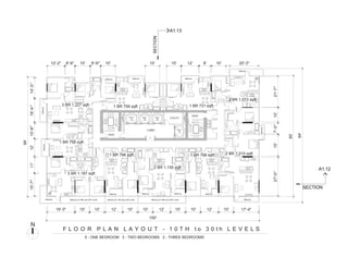 LOBBY
UTILITY
ELEV.
ELEV.ELEV.ELEV.
1
234
STAIR
PRESSURIZATION
DN
UP
VEST.
STAIR
PRESSURIZATION
DN
UP
VEST.
1 BR 758 sqft
1 BR 731 sqft1 BR 759 sqft
F L O O R P L A N L A Y O U T - 1 0 T H t o 3 0 t h L E V E L S
5 - ONE BEDROOM 3 - TWO BEDROOMS 2 - THREE BEDROOMS
10' 10' 12' 10' 10' 12'19'-3" 10' 10'
6'-8"12'-2" 10' 10' 10'10'
84'
12'
12' 17'-4"
10'
10'
7'-31
2
"27'-03
4
"
2 BR 1,315 sqft
2 BR 1,155 sqft
1 BR 798 sqft 1 BR 798 sqft
3 BR 1,187 sqft
3 BR 1,227 sqft
14'-311
16
"16'-41
16
"10'-81
2
"12'11'15'-73
4
"
15'
8' 10'
2 BR 1,073 sqft
Balcony Balcony
Balcony
BalconyBalcony
Balcony
Balcony
94'
85'
21'-73
4
"
6'-91
2
" 20'-3"
BalconyBalconyBalcony Balcony
150'
N
Balcony at 19th and 27th Level Balcony at 19th and 27th Level Balcony at 19th and 27th Level
Balcony
Balcony
A1.13
SECTION
SECTION
A1.12
 