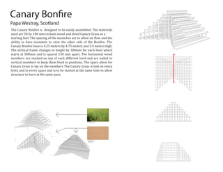 Scale: 1M=20mm
Exploded Axon
Dry Canary Grass
Wood Framing
50x100mm
Papa Westray, Scotland
Canary Bonfire
The Canary Bon�ire is designed to be easily assembled. The materials
used are 50 by 100 mm reclaim wood and dried Canary Grass as a
starting fuel. The spacing of the memebes are to allow air �low and the
ability to have moments to view the other side of the Bon�ire. The
Canary Bon�ire base is 4.25 meters by 4.75 meters and 2.4 meters high.
The vertical frame changes in height by 300mm for each level which
starts at 500mm and is spaced 150 mm apart. The horizontal wood
members are stacked on top of each different level and are nailed to
vertical members to keep them �ixed to positions. The space allow for
Canary Grass to lay on the members The Canary Grass is laid on every
level, and in every space and is to be started at the same time to allow
structure to burn at the same pace.
 