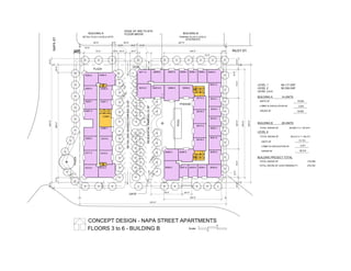 10'-0"
73'-0" 15'-0" 18'-0"
12'-0"
18'-0"
6'-0" 12'-0"
146'-0" 12'-0"
15'-0"300'-0"15'-0"
PLAZA
8'-0"
18'-0"
8'-0"
18'-0"
15'-0"
15'-0"
12'-0"268'-0"20'-0"
15'-0"
12'-0"
73'-0"130'-0"73'-0"
12'-0"
15'-0"
72'-0"
POOL
79'-0" 24'-0"
PLAZA
EDGE OF 3RD TO 6TH
FLOOR ABOVE
CONCEPT DESIGN - NAPA STREET APARTMENTS
373'-0"
300'-0"
PL
PLPL
PL
PL
PLPL
PL
83'-0" 55'-6" 227'-0"
GATE
GATE
.
.
.
RETAILANDSHAREDPARKING33SP
RESIDENTAILPARKING33SP
PODIUM
BUILDING A BUILDING B
FLOORS 3 to 6 - BUILDING B
LOBBY
A304-2
A303-2
A302-1
A301-2
A309-2
A311-2
A313-2 A314-3
A312-2
A310-2
A308-1
A307-1
A306-2
A305-3
RETAIL PLUS 4 LEVELS APTS PARKING PLUS 5 LEVELS
APARTMENTS
B302-2
B301-2
B314-1
B316-1
B318-1
B320-1
B321-2
B322-2
B323-2
B303-1B304-1B305-1B307-2B309-2B311-2
B306-2B308-3B3010-2B312-2
B313-2
B315-2
B317-2
B319-2
B324-1B325-2B327-2B329-3
B326-2B328-2
276'-0"
146'-0"
8'-0"
0
24
48
Scale:
RILEY ST.
NAPAST.
UP
UP
DN
DN
T
T
UP
DN
UP
DN
BUILDING A 14 UNITS
BUILDING B 29 UNITS
UNITS SF
LOBBY & CIRCULATION SF
16,594
3,032
GROSS SF 19,626
UNITS SF
LOBBY & CIRCULATION SF
31,741
4,571
36,312GROSS SF
L
L
T
BUILDING PROJECT TOTAL
15'-0"
LEVEL 1 56,117 GSF
LEVEL 2 50,339 GSF
LEVEL 3,4,5
TOTAL GROSS SF 55,938 X 3 = 167,814
TOTAL GROSS SF 36,312 X 1 = 36,312
TOTAL GROSS SF 310,582
TOTAL GROSS SF LESS PARKING P1 279,700
LEVEL 6
 