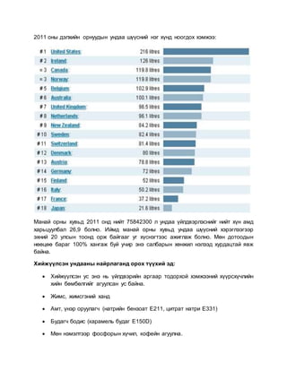 2011 оны дэлхийн орнуудын ундаа шүүсний нэг хүнд ноогдох хэмжээ:
Манай орны хувьд 2011 онд нийт 75842300 л ундаа үйлдвэрлэснийг нийт хүн амд
харьцуулбал 26,9 болно. Иймд манай орны хувьд ундаа шүүсний хэрэглээгээр
эхний 20 улсын тоонд орж байгааг уг хүснэгтээс ажиглаж болно. Мөн дотоодын
нөөцөө бараг 100% хангаж буй учир энэ салбарын хөнжил нэлээд хурдацтай явж
байна.
Хийжүүлсэн ундааны найрлаганд орох түүхий эд:
 Хийжүүлсэн ус энэ нь үйлдвэрийн аргаар тодорхой хэмжээний хүүрсхүчлийн
хийн бөмбөлгийг агуулсан ус байна.
 Жимс, жимсгэний ханд
 Амт, үнэр оруулагч (натрийн бензоат E211, цитрат натри E331)
 Будагч бодис (карамель будаг E150D)
 Мөн нэмэлтээр фосфорын хүчил, кофейн агуулна.
 
