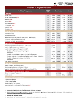 Portfolio of Programmes 2017
Portfolio of Programmes
Contact
Days
Start Dates Price
Languages
isiZulu Basic 12 25-Jan 23-Feb 5-Jul R4 000
isiZulu Intermediate NEW* 12 31-Jan 6-Jun 5-Sep R4 000
Spanish NEW* 12 25-Jan 23-Feb 5-Jul R4 000
French NEW* 12 25-Jan 23-Feb 5-Jul R4 000
Sign Language NEW* 12 25-Jan 23-Feb 5-Jul R4 000
Portuguese NEW* 12 25-Jan 23-Feb 5-Jul R4 000
Sesotho NEW* 12 25-Jan 23-Feb 5-Jul R4 000
Mandarin NEW* 12 25-Jan 23-Feb 5-Jul R4 000
Bridging /Access Courses
Foundation Math 10 16-Jan 5-Jun R6 290
Foundation Physics 15 16-Jan 3-Jul R9 400
Mathematics Literacy Upgrade to Grade 12 Mathematics 15 13-Feb 10-Jul R10 490
Certificate in Business Administration 2 weeks 20-Feb 21-Aug R14 700
Certificate in Public Administration 2 weeks 20-Feb 21-Aug R14 700
Higher Education
Advanced Leadership Development Programme 9 12-May R53 900
Leadership Development Programme 9 17-Mar R39 790
Academic Development Programme (UEIP)
- Module 1: Assessing Learning in Higher
Education
3 6-Feb 8-May 3-Jul R7 425
- Module 2: Teaching and Learning in Higher Education 3 13-Feb 15-May 10-Jul R7 425
- Module 3: Designing and Evaluating Curricula in Higher Education 3 6-Mar 22-May 17-Jul R7 425
- Module 4: Supervising Research in Higher
Education
3 13-Mar 5-Jun 24-Jul R7 425
Peer Review Programme 1 1-Mar 26-May 18-Aug R2 450
Public Sector
Leadership and Good Governance
Monitoring, Evaluation and Research Skills 6 months 6-Feb 7-Aug R27 500
Applied Population Studies Training & Research (APSTAR) 20 26-Jun TBC
Specialised Subject and/or Sector Courses
Global Immersion Programme 35 June/ July R45 000
Food Security 14 9-Oct R31 000
Healthcare and Pharmaceuticals
Professional Nursing
Primary Health Care
Dispensing for Pharmacists
Anaesthetics for Healthcare Professionals NEW*
Customised Programmes - courses and dates to be formalised on request
Due to the extended planning horizon for 2017 courses, UEL reserves the right to amend dates and prices at short notice, whilst protecting the
consumer rights and interests of prospective delegates
Seminars can be held on request
Open courses can be customised and offered to clients nationally and internationally.
INYUVESI
TM
KWAZULU-NATAL
YAKWAZULU-NATALI
EXTENDED
LEARNING
 