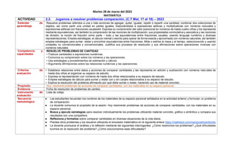 Martes 28 de marzo del 2023
MATEMÁTICA
ACTIVIDAD 2.2. Jugamos a resolver problemas comparación. (C.T Mat. 17 al 18) – 2023
Estándar de
aprendizaje
Resuelve problemas referidos a una o más acciones de agregar, quitar, igualar, repetir o repartir una cantidad, combinar dos colecciones de
objetos, así como partir una unidad en partes iguales; traduciéndolas a expresiones aditivas y multiplicativas con números naturales y
expresiones aditivas con fracciones usuales44. Expresa su comprensión del valor posicional en números de hasta cuatro cifras y los representa
mediante equivalencias, así también la comprensión de las nociones de multiplicación, sus propiedades conmutativa y asociativa y las nociones
de división, la noción de fracción como parte – todo y las equivalencias entre fracciones usuales; usando lenguaje numérico y diversas
representaciones. Emplea estrategias, el cálculo mental o escrito para operar de forma exacta y aproximada con números naturales; así también
emplea estrategias para sumar, restar y encontrar equivalencias entre fracciones. Mide o estima la masa y el tiempo, seleccionando y usando
unidades no convencionales y convencionales. Justifica sus procesos de resolución y sus afirmaciones sobre operaciones inversas con
números naturales.
Competencia y
capacidades
RESUELVE PROBLEMAS DE CANTIDAD
• Traduce cantidades a expresiones numéricas.
• Comunica su comprensión sobre los números y las operaciones.
• Usa estrategias y procedimientos de estimación y cálculo.
• Argumenta afirmaciones sobre las relaciones numéricas y las operaciones.
Criterios de
evaluación
• Establece relaciones entre datos y acciones de comparar cantidades y las representa en adición y sustracción con números naturales de
hasta dos cifras al organizar su espacio de estudio.
• Expresa la representación con números de hasta dos cifras relacionados a su espacio de estudio.
• Emplea estrategias de cálculo para sumar y restar con y sin canjes relacionados a su espacio de estudio.
• Explica la resolución del problema afirmando por qué debe sumar o restar, haciendo uso de material concreto.
Propósito Hoy, resolveré problemas de acciones de comparar cantidades, con los materiales en su espacio personal.
Evidencia Ficha de resolución de problemas de cambio.
Instrumento de
evaluación
Lista de cotejo.
Secuencia
metodológica
● Las estudiantes recuerdan los nombres de los materiales de su espacio personal señalados en la actividad anterior y formulan un problema
de comparación.
● La docente comunica el propósito de la sesión: Hoy resolverán problemas de acciones de comparar cantidades, con los materiales en su
espacio personal.
● Busca y ejecuta estrategias para resolver individualmente los problemas utilizando material concreto, gráfico o simbólico y compara sus
resultados con una compañera.
● Reflexiona y formaliza sobre comparar cantidades en diversas situaciones de la vida diaria.
● Plantea otros problemas y los resuelve utilizando el simulador matemático en el siguiente enlace https://mathsbot.com/manipulatives/blocks
● La docente promueve el análisis y la reflexión mediante las siguientes interrogantes: ¿Cómo resolvimos los problemas? ¿Qué dificultades
tuvimos en la resolución del problema? ¿Cómo solucionamos esas dificultades?
 
