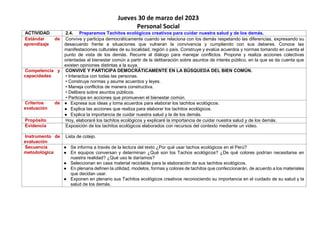 Jueves 30 de marzo del 2023
Personal Social
ACTIVIDAD 2.4. Preparamos Tachitos ecológicos creativos para cuidar nuestra salud y de los demás.
Estándar de
aprendizaje
Convive y participa democráticamente cuando se relaciona con los demás respetando las diferencias, expresando su
desacuerdo frente a situaciones que vulneran la convivencia y cumpliendo con sus deberes. Conoce las
manifestaciones culturales de su localidad, región o país. Construye y evalúa acuerdos y normas tomando en cuenta el
punto de vista de los demás. Recurre al diálogo para manejar conflictos. Propone y realiza acciones colectivas
orientadas al bienestar común a partir de la deliberación sobre asuntos de interés público, en la que se da cuenta que
existen opiniones distintas a la suya.
Competencia y
capacidades
CONVIVE Y PARTICIPA DEMOCRÁTICAMENTE EN LA BÚSQUEDA DEL BIEN COMÚN.
• Interactúa con todas las personas.
• Construye normas y asume acuerdos y leyes.
• Maneja conflictos de manera constructiva.
• Delibera sobre asuntos públicos.
• Participa en acciones que promueven el bienestar común.
Criterios de
evaluación
● Expresa sus ideas y toma acuerdos para elaborar los tachitos ecológicos.
● Explica las acciones que realiza para elaborar los tachitos ecológicos.
● Explica la importancia de cuidar nuestra salud y la de los demás.
Propósito Hoy, elaboraré los tachitos ecológicos y explicaré la importancia de cuidar nuestra salud y de los demás.
Evidencia Exposición de los tachitos ecológicos elaborados con recursos del contexto mediante un video.
Instrumento de
evaluación
Lista de cotejo.
Secuencia
metodológica
● Se informa a través de la lectura del texto ¿Por qué usar tachos ecológicos en el Perú?
● En equipos conversan y determinan ¿Qué son los Tachos ecológicos? ¿De qué colores podrían necesitarse en
nuestra realidad? ¿Qué uso le daríamos?
● Seleccionan en casa material reciclable para la elaboración de sus tachitos ecológicos.
● En plenaria definen la utilidad, modelos, formas y colores de tachitos que confeccionarán, de acuerdo a los materiales
que decidan usar.
● Exponen en plenario sus Tachitos ecológicos creativos reconociendo su importancia en el cuidado de su salud y la
salud de los demás.
 