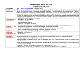 Viernes 31 de marzo del 2023
Personal Social Tutoría
ACTIVIDAD 2.5. Valoro mis cualidades. (Tutoría 10 al 15)
Estándar de
aprendizaje
Construye su identidad al tomar conciencia de los aspectos que lo hacen único, cuando se reconoce a sí mismo a partir
de sus características físicas, cualidades, habilidades, intereses y logros y valora su pertenencia familiar y escolar.
Distingue sus diversas emociones y comportamientos, menciona las causas y las consecuencias de estos y las regula
usando estrategias diversas. Explica con sus propios argumentos por qué considera buenas o malas determinadas
acciones. Se relaciona con las personas con igualdad, reconociendo que todos tienen diversas capacidades. Desarrolla
comportamientos que fortalecen las relaciones de amistad. Identifica situaciones que afectan su privacidad o la de otros
y busca ayuda cuando alguien no la respeta.
Competencia y
capacidades
CONSTRUYE SU IDENTIDAD
• Se valora a sí mismo.
• Autorregula sus emociones.
• Reflexiona y argumenta éticamente.
• Vive su sexualidad de manera integral y responsable de acuerdo a su etapa de desarrollo y madurez.
Criterios de
evaluación
●Reconoce que las personas somos únicas y valiosas. Señala sus cualidades.
●Identifica las cualidades de sus compañeras que fortalecen sus relaciones de amistad.
●Explica con sus propios argumentos las cualidades que tienen en común.
Propósito Hoy, reconoceré y valoraré las cualidades que me caracterizan.
Evidencia Completa la ficha de tutoría.
Instrumento de
evaluación
Lista de cotejo.
Secuencia
metodológica
● Las estudiantes se ubican formando un círculo y con mímica expresan en que son buenas sus madres.
● La docente presenta el propósito de la sesión.
● En parejas leen con atención lo que dicen los personajes de la ficha. Luego reflexionan en que son buenas y cómo
lo demuestran.
● Las estudiantes salen al patio y leen el relato Sonia y Carmen. Responden las preguntas de la ficha. Se dibujan y
escriben sus cualidades.
● Juegan el bingo de las cualidades siguiendo las instrucciones de la ficha.
● Explican a su familia sobre las cualidades que las caracterizan y los invitan a jugar el Bingo.
 