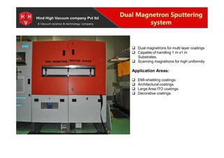 Special Projects for Space and defense applications
A Vacuum science & technology company
Dual Magnetron Sputtering
system
Hind High Vacuum company Pvt ltd
 Dual magnetrons for multi layer coatings
 Capable of handling 1 m x1 m
Substrates.
 Scanning magnetrons for high uniformity
Application Areas:
 EMI-shielding coatings.
 Architectural coatings.
 Large Area ITO coatings.
 Decorative coatings.
 Dual magnetrons for multi layer coatings
 Capable of handling 1 m x1 m
Substrates.
 Scanning magnetrons for high uniformity
Application Areas:
 EMI-shielding coatings.
 Architectural coatings.
 Large Area ITO coatings.
 Decorative coatings.
 