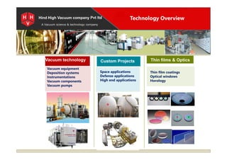Hind High Vacuum company Pvt ltd
Vacuum technology Thin films & OpticsCustom Projects
A Vacuum science & technology company
Vacuum equipment
Deposition systems
Instrumentations
Vacuum components
Vacuum pumps
Thin film coatings
Optical windows
Horology
Space applications
Defense applications
High end applications
Technology Overview
Vacuum equipment
Deposition systems
Instrumentations
Vacuum components
Vacuum pumps
Thin film coatings
Optical windows
Horology
Space applications
Defense applications
High end applications
 
