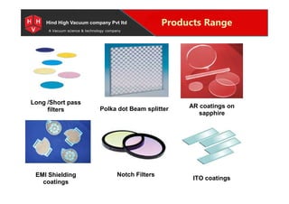 Special Projects for Space and defense applications
A Vacuum science & technology company
Products RangeHind High Vacuum company Pvt ltd
Long /Short pass
filters
AR coatings on
sapphire
Long /Short pass
filters Polka dot Beam splitter AR coatings on
sapphire
EMI Shielding
coatings
Notch Filters
ITO coatings
 