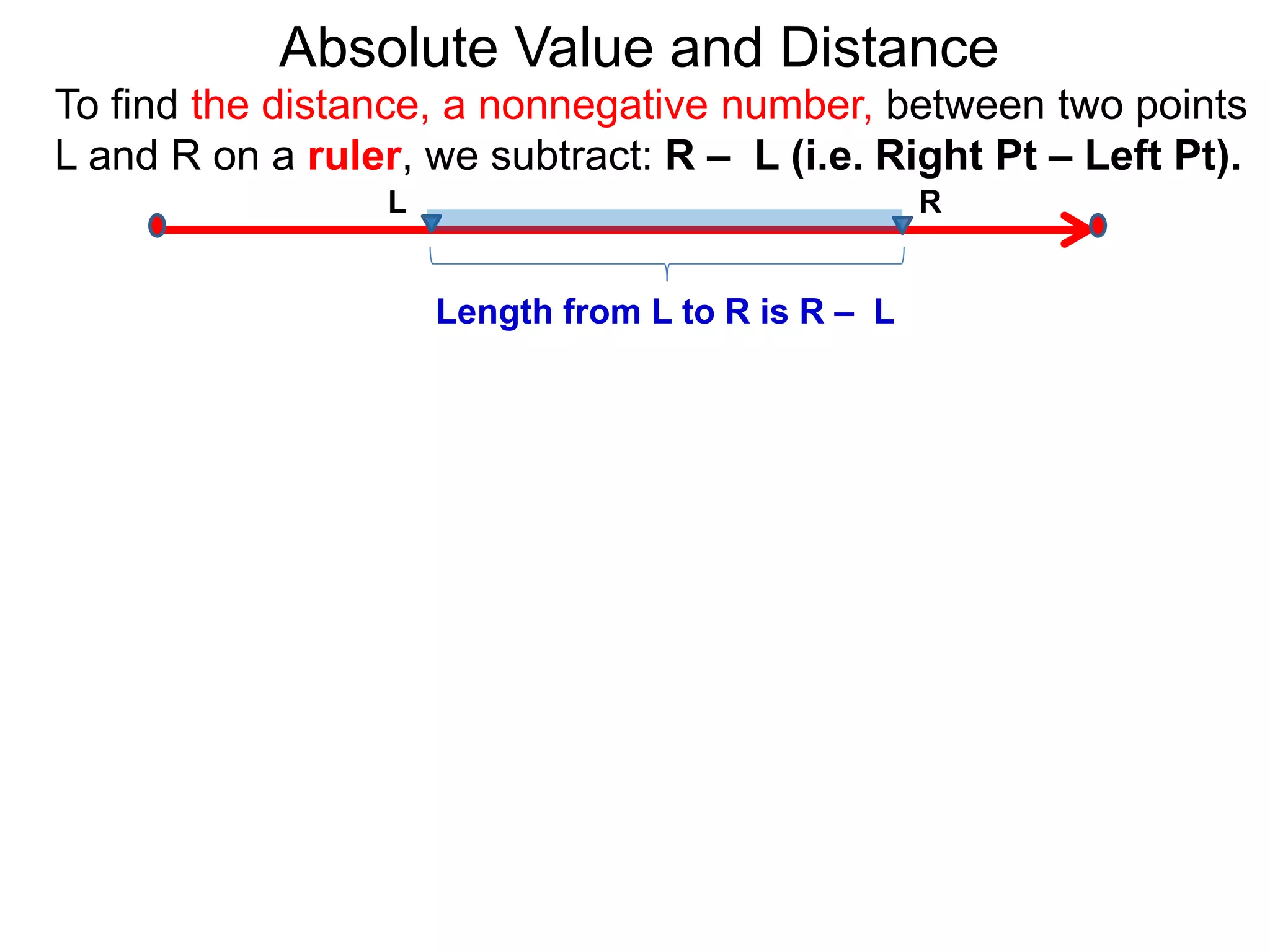 L R
Length from L to R is R – L
To find the distance, a nonnegative number, between two points
L and R on a ruler, we subtract: R – L (i.e. Right Pt – Left Pt).
Absolute Value and Distance
 