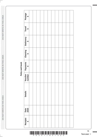 *P63011A01320* Turn over
13
	
DO
NOT
WRITE
IN
THIS
AREA	
DO
NOT
WRITE
IN
THIS
AREA	
DO
NOT
WRITE
IN
THIS
AREA
	
DO
NOT
WRITE
IN
THIS
AREA	
DO
NOT
WRITE
IN
THIS
AREA	
DO
NOT
WRITE
IN
THIS
AREA
Petty
cash
book
Receipts
$
Date
2020
Details
Voucher
number
Payments
$
Cleaning
$
Stationery
$
Travel
$
Postage
$
 