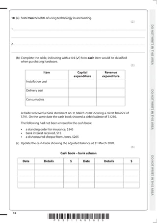 *P63011A01820*
18
	
DO
NOT
WRITE
IN
THIS
AREA	
DO
NOT
WRITE
IN
THIS
AREA	
DO
NOT
WRITE
IN
THIS
AREA
	
DO
NOT
WRITE
IN
THIS
AREA	
DO
NOT
WRITE
IN
THIS
AREA	
DO
NOT
WRITE
IN
THIS
AREA
18	(a)	State two benefits of using technology in accounting.
(2)
1...................................................................................................................................................................................................................................................................................
....................................................................................................................................................................................................................................................................................
2.................................................................................................................................................................................................................................................................................
....................................................................................................................................................................................................................................................................................
	 (b)	 Complete the table, indicating with a tick () how each item would be classified
when purchasing hardware.
(3)
Item Capital
expenditure
Revenue
expenditure
Installation cost
Delivery cost
Consumables
		 A trader received a bank statement on 31 March 2020 showing a credit balance of
$791. On the same date the cash book showed a debit balance of $1210.
		 The following had not been entered in the cash book:
		•	 a standing order for insurance, $345
		•	 bank interest received, $15
		•	 a dishonoured cheque from Jones, $265
	 (c)	 Update the cash book showing the adjusted balance at 31 March 2020.
(4)
Cash book – bank column
Date Details $ Date Details $
 