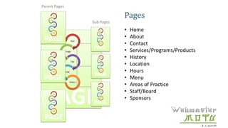 Pages
• Most places on
navigation link to a
page
• To edit posts on a
page you edit the
posts
• Organized by parent
pages
PAGE
• Home
• About
• Contact
• Services/Programs/Products
• History
• Location
• Hours
• Menu
• Areas of Practice
• Staff/Board
• Sponsors
PAGE
PAGE
PAGE
Parent Pages
PAGE
PAGE
PAGE
Sub Pages
 