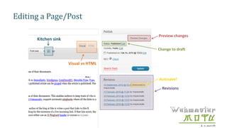 Editing a Page/Post
Visual vs HTML
Kitchen sink
Preview changes
Change to draft
Revisions
Autosave!
 