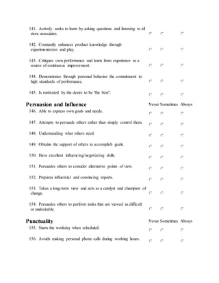 141. Actively seeks to learn by asking questions and listening to all
store associates.
142. Constantly enhances product knowledge through
experimentation and play.
143. Critiques own performance and learn from experience as a
source of continuous improvement.
144. Demonstrates through personal behavior the commitment to
high standards of performance.
145. Is motivated by the desire to be "the best".
Persuasion and Influence Never Sometimes Always
146. Able to express own goals and needs.
147. Attempts to persuade others rather than simply control them.
148. Understanding what others need.
149. Obtains the support of others to accomplish goals.
150. Have excellent influencing/negotiating skills.
151. Persuades others to consider alternative points of view.
152. Prepares influential and convincing reports.
153. Takes a long-term view and acts as a catalyst and champion of
change.
154. Persuades others to perform tasks that are viewed as difficult
or undesirable.
Punctuality Never Sometimes Always
155. Starts the workday when scheduled.
156. Avoids making personal phone calls during working hours.
 