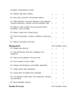 and initiates self-development activities
125. Maintains high ethical standards.
126. Gives direct, constructive, and actionable feedback.
127. Guides individuals toward goal achievement using negotiation,
teamwork/collaboration, motivation and staff development skills.
128. Influences others on his/her team to reach goals, improve
performance, and try new things
129. Inspires a shared vision of being the best.
130. Looks for opportunities to enhance contributions to the bottom
line.
131. Improves work quality for the team.
Management Never Sometimes Always
132. Delegate tasks effectively
133. Keep staff informed about what is happening in the
organization
134. Makes you feel enthusiastic about your work
135. Sets an example for others to follow
136. Manages staff and prepares work schedules appropriately.
137. Assigns specific duties appropriately.
138. Actively listens for feedback from subordinates.
139. Uses feedback to modify duties, tasks, requirements, and goals
when appropriate.
140. Keeps subordinates informed.
Passion To Learn Never Sometimes Always
 