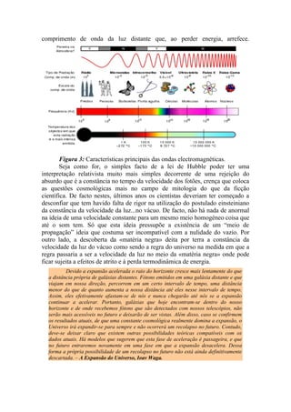 comprimento de onda da luz distante que, ao perder energia, arrefece.
Figura 3: Características principais das ondas electromagnéticas.
Seja como for, o simples facto de a lei de Hubble poder ter uma
interpretação relativista muito mais simples decorrente de uma rejeição do
absurdo que é a constância no tempo da velocidade dos fotões, crença que coloca
as questões cosmológicas mais no campo de mitologia do que da ficção
científica. De facto nestes, últimos anos os cientistas deveriam ter começado a
desconfiar que tem havido falta de rigor na utilização do postulado einsteiniano
da constância da velocidade da luz...no vácuo. De facto, não há nada de anormal
na ideia de uma velocidade constante para um mesmo meio homogéneo coisa que
até o som tem. Só que esta ideia pressupõe a existência de um “meio de
propagação” ideia que costuma ser incompatível com a nulidade do vazio. Por
outro lado, a descoberta da «matéria negra» deita por terra a constância da
velocidade da luz do vácuo como sendo a regra do universo na medida em que a
regra passaria a ser a velocidade da luz no meio da «matéria negra» onde pode
ficar sujeita a efeitos de atrito e à perda termodinâmica de energia.
Devido a expansão acelerada o raio do horizonte cresce mais lentamente do que
a distância própria de galáxias distantes. Fótons emitidos em uma galáxia distante e que
viajam em nossa direção, percorrem em um certo intervalo de tempo, uma distância
menor do que de quanto aumenta a nossa distância até eles nesse intervalo de tempo.
Assim, eles efetivamente afastam-se de nós e nunca chegarão até nós se a expansão
continuar a acelerar. Portanto, galáxias que hoje encontram-se dentro do nosso
horizonte e de onde recebemos fótons que são detectados com nossos telescópios, não
serão mais acessíveis no futuro e deixarão de ser vistas. Além disso, caso se confirmem
os resultados atuais, de que uma constante cosmológica realmente domina a expansão, o
Universo irá expandir-se para sempre e não ocorrerá um recolapso no futuro. Contudo,
deve-se deixar claro que existem outras possibilidades teóricas compatíveis com os
dados atuais. Há modelos que sugerem que esta fase de aceleração é passageira, e que
no futuro entraremos novamente em uma fase em que a expansão desacelera. Dessa
forma a própria possibilidade de um recolapso no futuro não está ainda definitivamente
descartada. – A Expansão do Universo, Ioav Waga.
 