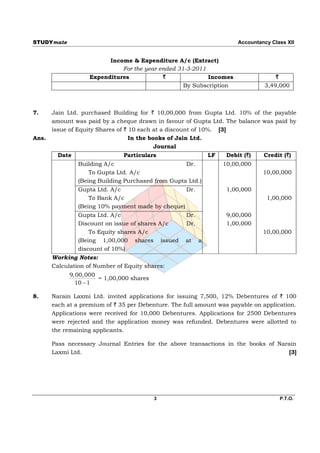 STUDYmate                                                                Accountancy Class XII


                          Income & Expenditure A/c (Extract)
                              For the year ended 31-3-2011
                    Expenditures            `              Incomes                    `
                                                   By Subscription                3,49,000



7.     Jain Ltd. purchased Building for ` 10,00,000 from Gupta Ltd. 10% of the payable
       amount was paid by a cheque drawn in favour of Gupta Ltd. The balance was paid by
       issue of Equity Shares of ` 10 each at a discount of 10%. [3]
Ans.                               In the books of Jain Ltd.
                                            Journal
         Date                  Particulars                     LF    Debit (`)    Credit (`)
                Building A/c                        Dr.             10,00,000
                    To Gupta Ltd. A/c                                             10,00,000
                (Being Building Purchased from Gupta Ltd.)
                Gupta Ltd. A/c                     Dr.               1,00,000
                    To Bank A/c                                                    1,00,000
                (Being 10% payment made by cheque)
                Gupta Ltd. A/c                       Dr.             9,00,000
                Discount on issue of shares A/c      Dr.             1,00,000
                    To Equity shares A/c                                          10,00,000
                (Being 1,00,000 shares issued        at    a
                discount of 10%)
       Working Notes:
       Calculation of Number of Equity shares:
             9,00,000
                      = 1,00,000 shares
               10  1

8.     Narain Laxmi Ltd. invited applications for issuing 7,500, 12% Debentures of ` 100
       each at a premium of ` 35 per Debenture. The full amount was payable on application.
       Applications were received for 10,000 Debentures. Applications for 2500 Debentures
       were rejected and the application money was refunded. Debentures were allotted to
       the remaining applicants.

       Pass necessary Journal Entries for the above transactions in the books of Narain
       Laxmi Ltd.                                                                    [3]




                                          3                                             P.T.O.
 