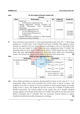 STUDYmate                                                                               Accountancy Class XII


Ans.                         In the books of Narain Laxmi Ltd.
                                           Journal
         Date                    Particulars                LF                Debit (`)             Credit (`)
                Bank A/c                             Dr.                     13,50,000
                    To Debenture Application A/c                                                    13,50,000
                (Being application amount received on
                10,000    debentures      with   Securities
                Premium)
                Debenture Application A/c            Dr.                     13,50,000
                    To 12% Debentures A/c                                                            7,50,000
                    To Securities Premium A/c                                                        2,62,500
                    To Bank A/c                                                                      3,37,500
                (Being Debentures Allotted to 7500 shares
                and excess being refunded)

9.     Arun and Arora were partners in a firm sharing profits in the ratio of 5 : 3. Their fixed
       capitals on 1-4-2010 were: Arun ` 60,000 and Arora ` 80,000. They agreed to allow
       interest on capital @ 12% p.a. and to charge on drawings @ 15% p.a. The profit of the
       firm for the year ended 31-3-2011 before all above adjustments were ` 12,600. The
       drawings made by Arun were ` 2,000 and by Arora ` 4,000 during the year. Prepare
       Profit and Loss Appropriation Account of Arun and Arora. Show your calculations
       clearly. The interest on capital will be allowed even if the firm incurs loss.         [4]
Ans.                           Profit & Loss Appropriation A/c
                        Particulars              `                Particulars                           `
        To Interest on Capital                           By Net Profit                                12,600
            Arun                   7,200                 By Interest on Drawing A/c
            Arora                  9,600        16,800
                                                           Arun 
                                                                
                                                                     15
                                                                           2, 000 
                                                                                        6 
                                                                                              150
                                                                  100                 12 
                                                                                          
                                                                                                         450
                                                           Arora 
                                                                 
                                                                     15
                                                                           4, 000 
                                                                                        6 
                                                                                              300
                                                                  100                 12 
                                                                                          
                                                         By Loss transferred to
                                                            Arun’s capital A/c 2344
                                                            Arora’s capital A/c 1406                   3,750
                                                16,800                                                16,800


10.    Arjun, Bhim and Nakul are partners sharing profits & losses in the ratio of 14 : 5 : 6
       respectively. Bhim retires and surrenders his 5/25th share in favour of Arjun. The
       goodwill of the firm is valued at 2 years purchase of super profits based on average
       profits of last 3 years. The profits for the last 3 years are ` 50,000, ` 55,000 and `
       60,000 respectively. The normal profits for the similar firm are ` 30,000. Goodwill
       already appears in the books of the firms at ` 75,000. The profit for the first year after
       Bhim’s retirement was ` 1,00,000. Give the necessary Journal Entries to adjust
       Goodwill and distribute profits showing your workings.                                 [4]

                                            4                                                            P.T.O.
 