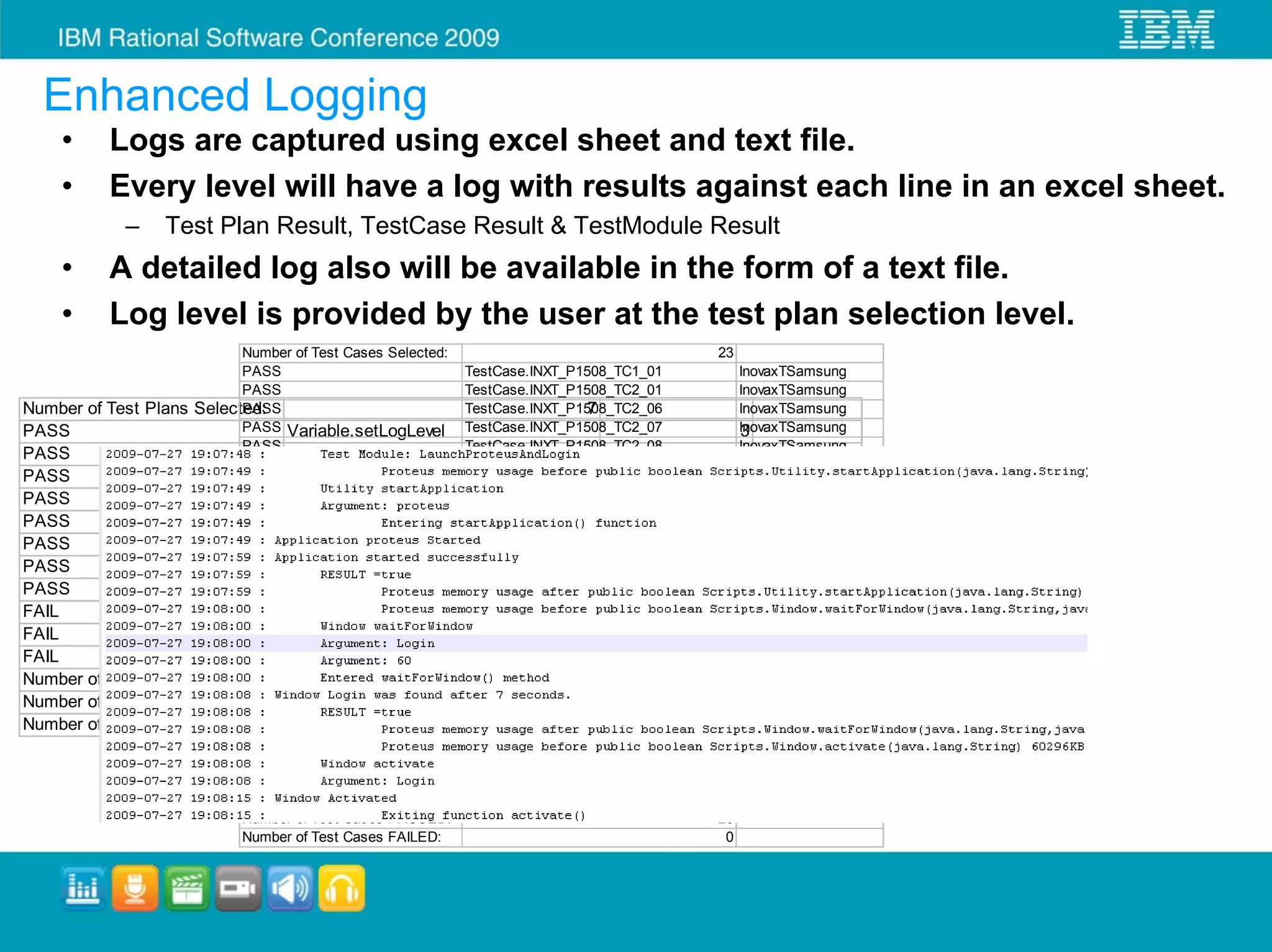 Enhanced Logging
    •     Logs are captured using excel sheet and text file.
    •     Every level will have a log with results against each line in an excel sheet.
            –      Test Plan Result, TestCase Result & TestModule Result
    •     A detailed log also will be available in the form of a text file.
    •     Log level is provided by the user at the test plan selection level.
                               Number of Test Cases Selected:                               23
                               PASS                           TestCase.INXT_P1508_TC1_01       InovaxTSamsung
                               PASS                           TestCase.INXT_P1508_TC2_01       InovaxTSamsung
Number of Test   Plans   Selected:
                               PASS                                            7
                                                              TestCase.INXT_P1508_TC2_06       InovaxTSamsung
PASS                           PASS Variable.setLogLevel TestCase.INXT_P1508_TC2_07            InovaxTSamsung
                                                                                               3
                               PASS                           TestCase.INXT_P1508_TC2_08       InovaxTSamsung
PASS                                Variable.setVariableValue                    IP_ADDRESS       192.168.1.10
                               PASS                           TestCase.INXT_P1508_TC7_01       InovaxTSamsung
PASS                           PASS Variable.setVariableValue                    PRODUCT_NAME INOVAxT
                                                              TestCase.INXT_P1508_TC8_02       InovaxTSamsung
PASS                           PASS Variable.setVariableValue                    MACHINE_NAMEInovaxTSamsung
                                                              TestCase.INXT_P1508_TC12_01         swe011qnx
PASS                           PASS TestPlan.INOVAxT_TP_1508  TestCase.INXT_P1508_TC12_02      InovaxTSamsung
PASS                           PASS TestPlan.INOVAxT_TP_INOVAxT_RTP
                                                              TestCase.INXT_P1508_TC12_03      InovaxTSamsung
                               PASS                           TestCase.INXT_P1508_TC11_02      InovaxTSamsungQFA
PASS                                TestPlan.INOVAxT_TP_1833
                               PASS                           TestCase.INXT_P1508_TC11_03      InovaxTSamsungQFA
PASS                           PASS TestPlan.INOVAxT_TP_2049  TestCase.INXT_P1508_TC11_04      InovaxTSamsungQFA
FAIL                           PASS TestPlan.Vector_TP_INOVAxT_RTP
                                                              TestCase.INXT_P1508_TC11_05      InovaxTSamsungQFA
FAIL                           PASS TestPlan.Vector_TP_2049   TestCase.INXT_P1508_TC11_06      InovaxTSamsungQFA
FAIL                           PASS TestPlan.Vector_TP_1508   TestCase.INXT_P1508_TC11_02      InovaxTSamsungAFA
                               PASS                           TestCase.INXT_P1508_TC11_03      InovaxTSamsungAFA
Number of Test   Plans   Executed:
                               PASS
                                                                               7
                                                              TestCase.INXT_P1508_TC11_04      InovaxTSamsungAFA
Number of Test   Plans   PASSED:
                               PASS                                            4
                                                              TestCase.INXT_P1508_TC11_05      InovaxTSamsungAFA
Number of Test   Plans   FAILED:
                               PASS                                            3
                                                              TestCase.INXT_P1508_TC11_06      InovaxTSamsungAFA
                               PASS                           TestCase.INXT_P1508_TC2_02       InovaxTSamsung
                               PASS                           TestCase.INXT_P1508_TC4_02       InovaxTSamsung
                               PASS                           TestCase.INXT_P1508_TC4_04       InovaxTSamsung
                               Number of Test Cases Executed:                               23
                               Number of Test Cases PASSED:                                 23
                               Number of Test Cases FAILED:                                  0
 