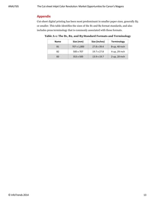 ANALYSIS The Cut-sheet Inkjet Color Revolution: Market Opportunities for Canon’s Niagara
© InfoTrends 2014 13
Appendix
Cut-sheet digital printing has been most predominant in smaller paper sizes, generally B3
or smaller. This table identifies the sizes of the B1 and B2 format standards, and also
includes press terminology that is commonly associated with those formats.
Table A-1: The B1, B2, and B3 Standard Formats and Terminology
Name Size (mm) Size (inches) Terminology
B1 707 x 1,000 27.8 x 39.4 8-up, 40-inch
B2 500 x 707 19.7 x 27.8 4-up, 29-inch
B3 353 x 500 13.9 x 19.7 2-up, 20-inch
 