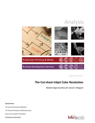 Analysis
September 2014
The Cut-sheet Inkjet Color Revolution
Market Opportunities for Canon’s Niagara
Service Areas
On Demand Printing & Publishing
On Demand Printing & Publishing Europe
Business Development Strategies
Comments or Questions?
 