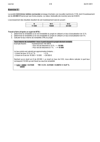cterrier

3/8

26/01/2011

Exercice 3 :
La société ULN (Union laitière normande) envisage d’acheter une nouvelle machine le 1/1/N, dont l’investissement
est de 45 000 € financé par ses fonds propres. La valeur résiduelle (de revente) sera de 8 000 €.
L’accroissement des résultats résultant de cet investissement sera le suivant :
N
11 000

N+1
16000

N+2
20 000

Travail à faire (d’après un sujet de BTS) :
1. Déterminer la rentabilité ou la non-rentabilité du projet en utilisant un taux d’actualisation de 12 %
2. Déterminer la rentabilité ou la non-rentabilité du projet en utilisant un taux d’actualisation de 9 %
3. Calculer le taux interne de rentabilité (TIR) du projet
Taux interne de rentabilité = taux à parti duquel le projet devient rentable
Exemple illustré :
Investissement 100 000 €
- Flux net de trésorerie à 10 % = - 18 000
- Flux net de trésorerie à 7 % = + 10 000
Le taux précis est calculé par approximation linéaire. :
- L’écart de taux 10 % à 7 %
=3%
- L’écart en € est de 18 000 + 10 000 = 28 000 €
Sachant qu’un écart en € de 28 000 = un écart en taux de 0.03, nous allons calculer à quel taux
correspond 18 000 qui est l’écart au seuil de rentabilité
=> 0,03 * 18000 = 0.01928
28000

TIR = 0.10 - 0.01928 = 0.08072 => 8,07 %

 
