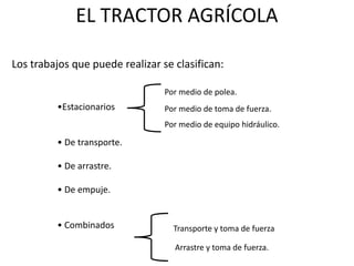 EL TRACTOR AGRÍCOLA
Los trabajos que puede realizar se clasifican:
•Estacionarios
• De transporte.
• De arrastre.
• De empuje.
• Combinados
Por medio de polea.
Por medio de toma de fuerza.
Por medio de equipo hidráulico.
Transporte y toma de fuerza
Arrastre y toma de fuerza.
 