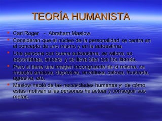 TEORÍA HUMANISTATEORÍA HUMANISTA
 Carl Roger - Abraham MaslowCarl Roger - Abraham Maslow
 Consideran que el núcleo de la personalidad se centra enConsideran que el núcleo de la personalidad se centra en
el concepto de uno mismo y en la autoestima.el concepto de uno mismo y en la autoestima.
 Una persona con buena autoestima, se valora, esUna persona con buena autoestima, se valora, es
espontánea, sincera y se lleva bien con los demás.espontánea, sincera y se lleva bien con los demás.
 Pero si tiene una imagen incongruente de sí misma, sePero si tiene una imagen incongruente de sí misma, se
muestra ansiosa, depresiva, envidiosa, celosa, frustrada,muestra ansiosa, depresiva, envidiosa, celosa, frustrada,
agresiva, etc.agresiva, etc.
 Maslow habló de las necesidades humanas y de cómoMaslow habló de las necesidades humanas y de cómo
estas motivan a las personas ha actuar y conseguir susestas motivan a las personas ha actuar y conseguir sus
metas.metas.
 