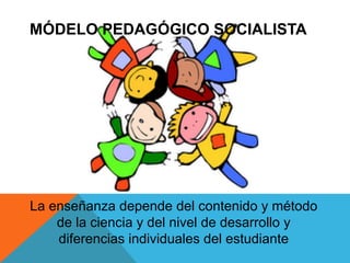La enseñanza depende del contenido y método
de la ciencia y del nivel de desarrollo y
diferencias individuales del estudiante
MÓDELO PEDAGÓGICO SOCIALISTA
 
