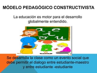 La educación es motor para el desarrollo
globalmente entendido.
Se desarrolla la clase como un evento social que
debe permitir el dialogo entre estudiante-maestro
y entre estudiante -estudiante
MÓDELO PEDAGÓGICO CONSTRUCTIVISTA
 