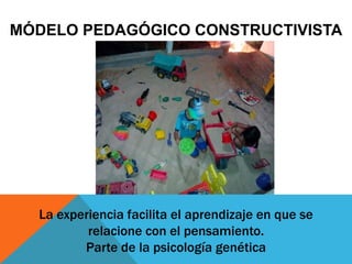 La experiencia facilita el aprendizaje en que se
relacione con el pensamiento.
Parte de la psicología genética
MÓDELO PEDAGÓGICO CONSTRUCTIVISTA
 