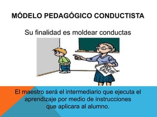 El maestro será el intermediario que ejecuta el
aprendizaje por medio de instrucciones
que aplicara al alumno.
MÓDELO PEDAGÓGICO CONDUCTISTA
Su finalidad es moldear conductas
 