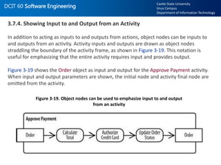 DCIT 60 Software Engineering
Cavite State University
Imus Campus
Department of Information Technology
3.7.4. Showing Input to and Output from an Activity
In addition to acting as inputs to and outputs from actions, object nodes can be inputs to
and outputs from an activity. Activity inputs and outputs are drawn as object nodes
straddling the boundary of the activity frame, as shown in Figure 3-19. This notation is
useful for emphasizing that the entire activity requires input and provides output.
Figure 3-19 shows the Order object as input and output for the Approve Payment activity.
When input and output parameters are shown, the initial node and activity final node are
omitted from the activity.
Figure 3-19. Object nodes can be used to emphasize input to and output
from an activity
 