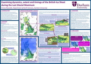 Examining dynamics, extent and timings of the British Ice SheetExamining dynamics, extent and timings of the British Ice Sheet
during the Last Glacial Maximumduring the Last Glacial Maximumduring the Last Glacial Maximum
Emma Reynolds, Department of Earth Sciences, Durham UniversityEmma Reynolds, Department of Earth Sciences, Durham University
1. INTRODUCTION 5. LIMITATIONS4. RESULTS & DISCUSSIONS I; dynamics
To examine nature of the BIS, the Alston Block area in northern England was zoomed in upon, showing ice
3°0'0"E2°5'0"W7°10'0"W
60°0'0"N 60°0'0"N
35,000 years ago, Britain was ice-free, when growth of
plateau ice fields started until the height of the last ice age.
Field observations indicate that the ice cap slowly advanced
•DEMs: Resolution was maximum 30m and so landforms are hazy. But,
with funding, 5m resolution is available. The inconsistencies between
DEM tiles are rectified by mosaicking, but cannot be projected into
To examine nature of the BIS, the Alston Block area in northern England was zoomed in upon, showing ice
dynamics on a macroscopic scale. Analysis revealed complex flow patterns, individual glacier dynamics, and a
late readvance.
Figure 3; Map showing
line of maximum extent
of the BIS, dependent
60°0'0"N
Field observations indicate that the ice cap slowly advanced
and then retreated due to climate change.
This project involved creating and analysing datasets, using
DEM tiles are rectified by mosaicking, but cannot be projected into
ArcScene. On ASTER DEMs, some clouded areas appear bright and
water bodies can have several elevation values2. Therefore, these
Glacier nature
Fluvial erosional and depositional features such as drumlins, eskers and subglacial channels over the UK
late readvance.of the BIS, dependent
upon locations of glacial
landforms over the UK1.
This project involved creating and analysing datasets, using
techniques of GIS cartography and spatial analysis. This was
to a) examine the dynamics of the ice sheet, using an area of
Northern England, and b) determine maximum ice extent of
water bodies can have several elevation values2. Therefore, these
could be manually edited, similar to other DEM sources.
•BRITICE: Incomplete, patchy coverage, variable approaches, and
spans centuries of field research; a solution is to map all landforms
Fluvial erosional and depositional features such as drumlins, eskers and subglacial channels over the UK
(Figure 3) indicate water presence, proving subsurface reached sufficient temperatures and pressures for a
warm base. Anastomosing inset valleys sub-parallel to contours (Figure 5) indicate supraglacial lateral57°55'0"N 57°55'0"N
Northern England, and b) determine maximum ice extent of
the British Ice Sheet (BIS) during the Last Glacial Maximum
(LGM), and the dates associated with it.
spans centuries of field research; a solution is to map all landforms
from satellite images5. These uncertainties apply to isochron dataset
(basis from BRITICE).
warm base. Anastomosing inset valleys sub-parallel to contours (Figure 5) indicate supraglacial lateral
channels, thus erosion from surface meltwater instead of ice – a cold-based glacial system, especially
during retreat. Figure 5 shows lateral channels to be
(LGM), and the dates associated with it. (basis from BRITICE).
•My interpretations: Creating ischron dataset was subjective;
systematic quantitative moraine dating could minimise limitations. My
2. METHODS
during retreat. Figure 5 shows lateral channels to be
only in upland areas.
Interpretation: BIS was warm-
based except in few upland areas
Lateral channels running
parallel to contours
Figure 5; Lateral
channels sub-parallel to
65
55°50'0"N 55°50'0"N
systematic quantitative moraine dating could minimise limitations. My
line of extent is subjective; averaging several glaciologists’
interpretations would be more accurate.
•Timing for LGM: Time-transgressive nature of the BIS advance and
2. METHODS
Data sources
based except in few upland areas
where ice sheet was much thinner.
channels sub-parallel to
contours.
65 •Timing for LGM: Time-transgressive nature of the BIS advance and
dynamic nature of different ice centers causes different margins to
reach maximum extent at different times8. Complete ice coverage is
Data sources
Three datasets were needed:
1.The BRITICE project1; thematic layers of different UK glacial
landforms.
53°45'0"N 53°45'0"N
reach maximum extent at different times8. Complete ice coverage is
assumed behind each isochron (Figure 3), particularly during early
growth and late retreat where ice only existed in upland areas. To
reduce uncertainty, a more detailed analysis from greater number of
landforms.
2.DEMs; sourced from ASTER2 (30m resolution), CGIAR3 (90m
resolution) and NERC Bluesky4 (5m resolution).
Complex flow patterns
Cross-cutting drumlins indicate changing flow
Eden Valley
Solway
Stainmore Gap
reduce uncertainty, a more detailed analysis from greater number of
sites is needed.
resolution) and NERC Bluesky4 (5m resolution).
3.Dated glacial sites; a new dataset of chronological lines was
created, based upon site locations5,6 using average ages for
Cross-cutting drumlins indicate changing flow
directions. Lower drumlins show earlier south
flow up Eden Valley and over Stainmore Gap,
51°40'0"N 51°40'0"N
Data preparation
created, based upon site locations using average ages for
advance and terminus sites.
6. CONCLUSIONS
Line of
maximum
extent
flow up Eden Valley and over Stainmore Gap,
overprinted by later west flow towards Solway.
Figure 4; Carboniferous Alston Block area. Arrows showing Interpretation: During retreat of the BIS, main
65
Data preparation
All datasets were combined together into a readable format.
After unzipping, DEMs were mosaicked using Data
Management Tools in ArcCatalog. Coordinate systems were
6. CONCLUSIONS
The dynamics of the British Ice Sheet at the Last Glacial Maximum
were very variable. The BIS was heterogenous in extent and nature,
extent
(thick blue)
Late readvance
Figure 4; Carboniferous Alston Block area. Arrows showing
zoomed-in locations discussed.
Interpretation: During retreat of the BIS, main
Scottish ice flow was overrun by regional radial
ice dispersal centers; Pennines
65Management Tools in ArcCatalog. Coordinate systems were
aligned; DEMs were WGS_1984, BRITICE data was BNG OS_36.
Using ArcToolbox, new projections were defined for each layer
were very variable. The BIS was heterogenous in extent and nature,
reaching maximum at different times. Dynamics are summarised
below in different evolutionary stages, using the Pennines and Lake
Late readvance
Elongated drumlins in the Solway dated at 17 Ka
show south flow drawn west towards water bodies. A
ice dispersal centers; Pennines
and Lake District. Can assume
opposite occurred during
growth.
0 50 100 150 20025
Kilometers
3°0'0"E2°5'0"W7°10'0"W
Using ArcToolbox, new projections were defined for each layer
in the BRITICE dataset, to configure the entire dataframe to
WGS_1984. Isochron dataset was georeferenced to relate to
below in different evolutionary stages, using the Pennines and Lake
District to represent the UK (Figure 9):
GROWTH
show south flow drawn west towards water bodies. A
push moraine south supports Scottish flow direction.
i)Interpretation: Flow was
growth.
i)
Data analysis
WGS_1984. Isochron dataset was georeferenced to relate to
the others.
GROWTH
Upland areas such as the Lake District and Pennines
initiated growth of plateau ice fields. These terrain
surfaces were glaciated thinly very fast, then spilled
i)Interpretation: Flow was
south but drawn towards
Irish Sea, at a time ScottishData analysis
Analysis was split up into elements for each part of the
question.
surfaces were glaciated thinly very fast, then spilled
over into surrounding valleys by radial regional flow
(Figure 9 i)) to become thick, warm-based glaciers.
Scottish
readvance
south
Flow drawn
westwards
Irish Sea, at a time
when local flow
should be dominant.
Thus, a late re-
Scottish
flow south Regional flow
west
question.
a) To investigate ice sheet dynamics: i) Individual glacier
nature; different erosional features were looked at in 3D. ii)
Complex flow patterns; aerial imagery and DEM data was
LGM
During full glaciation at 27 Ka, southerly Scottish
south
westwards
Thus, a late re-
advance of Scottish
ice, unconstrained
ii)
Complex flow patterns; aerial imagery and DEM data was
combined with drumlin data and projected in ArcScene (Figure
1) to determine flow sequences. iii) Late readvance; drumlins
During full glaciation at 27 Ka, southerly Scottish
ice flow was dominant, overprinting local patterns
(Figure 9 ii)). The BIS extended south as far as
southern Wales and the Wash, although mid-
Push
moraine
ii)
ice, unconstrained
by topographic influence. Figure 6; Two different main flow directions
inferred from drumlin orientations. Inset:
NEXTMap image showing cross-cuttingFigure 7; i) Drumlin flow1) to determine flow sequences. iii) Late readvance; drumlins
and moraines were draped over DEMs in ArcScene to examine
ice dominance.
southern Wales and the Wash, although mid-
landmass it v’d, only reaching the Peak District.
NEXTMap4 image showing cross-cutting
drumlins (red: Scottish overprinting, green:
early local flow).
Figure 7; i) Drumlin flow
mainly south but drawn towards sea. ii) Push moraine (south orient-
ation) supports southerly flow. Inset: NEXTMap4 image showing detail.
iii)
ice dominance.
RETREAT
Figure 2; Editing vertices
on extent shapefile.
3. RESULTS & DISCUSSIONS II; extent & timing
Figure 9; i) ii)
and iii)
Summary
iii)
65
RETREAT
After 27 Ka, the ice sheet started to retreat, reaching a minimum at 14 Ka.
Conversely to growth, regional dispersal centres became more influential, and
upland areas were last to be ice-free, (curve on Figure 9 iii)) leaving some
on extent shapefile.
3. RESULTS & DISCUSSIONS II; extent & timing
To answer the question of extent, the isochron map shown in Figure 8 was
produced from analysis of glacial site dates. Analysis of the oldest isochron in
Summary
maps with
major flow
(blue arrows)65 upland areas were last to be ice-free, (curve on Figure 9 iii)) leaving some
zones in the south isolated. At 17 Ka, there was a late readvance of Scottish ice.
Location
produced from analysis of glacial site dates. Analysis of the oldest isochron in
showed a correlation with the line of maximum extent from Figure 3.
(blue arrows)
and ice cover.
Figure 1;
65
Location
Line of maximum extent was drawn primarily around ice terminus features;
moraines, lateral meltwater channels, eskers, and ice-dammed lakes. These
7. REFERENCES
Figure 1;
Projection in ArcScene.
65
moraines, lateral meltwater channels, eskers, and ice-dammed lakes. These
marginal features imply extension backwards of the ice sheet, if complete
coverage is assumed.
Line of
maximum
extent
(thick blue)
[1] Clark, C.D., Evans, D.J.A., Khatwa, A., Bradwell, T., Jordan, C.J., Marsh, S.H., Mitchell, W.A., and Bateman., M.D. (2004) Map and GIS
database of landforms and features related to the last British Ice Sheet. Boreas, 33(4), 359-375.
[2] ASTER GDEM data product is courtesy of an online data pool from METI and NASA.
b) To investigate maximum glacial extent and timing: i) Timing;
isochrons were defined based upon groups of similar dates,
converted from point to line data in ArcMap. ii) Location;
65
Timing
Figure 8 shows maximum ice extent to have occurred at approximately 27 Ka.
(thick blue)
[2] ASTER GDEM data product is courtesy of an online data pool from METI and NASA.
[3] Jarvis, A., Reuter, H.I., Nelson, A. And Guevara, E. (2008) Hole-filled SRTM for the glove Version 4, available from CGIAR-CSI SRTM
90m Database (http://srtm.csi.cgiar.org).
[4] NEXTMap Britain data from Intermap Technologies Inc., provided courtesy of NERC via the NERC Earth Observation Data Centre
(NEODC).converted from point to line data in ArcMap. ii) Location;
landforms focused upon as diagnostic of the BIS margin were
terminal and marginal – moraines, meltwater channels, eskers,
Figure 8 shows maximum ice extent to have occurred at approximately 27 Ka.
After reaching a maximum, the BIS is shown to retreat in Figure 8 until 15 Ka,
implying that the LGM was very short, due to the sensitivity of the UK as a0 50 100 150 20025
Kilometers
(NEODC).
[5] Clark, C.D., Hughes, A.L., Greenwood, S.L., Jordan, C. And Sejrup, H.P. (2012) Pattern and timing of the retreat of the last British-
Irish ice sheet. Quaternary Science Reviews, 44, 112-146.
[6] Hughes, A.L.C., Greenwood, S.L. And Clark, C.D. (2011) Dating constraints on the last British-Irish Ice Sheet: a map and a database.terminal and marginal – moraines, meltwater channels, eskers,
tunnel valleys and ice-dammed lakes. In ArcMap, a shapefile
was drawn along moraine boundaries (Figure 2) and adjusted
implying that the LGM was very short, due to the sensitivity of the UK as a
climate receptor7. Retreat was at a steady rate, although margin variation was
due to water presence. Outlying upland areas are left whilst ice retreats rapidly
across water.
Figure 8; Map showing retreat isochrons, ice distribution centers (white
lines) and flow directions (blue arrows) overlaid onto CGIAR DEMs .
Kilometers
[6] Hughes, A.L.C., Greenwood, S.L. And Clark, C.D. (2011) Dating constraints on the last British-Irish Ice Sheet: a map and a database.
Journal of Maps, v2011, 156-183.
[7] Evans, D.J.A., Livingstone, S.J., Veili, A. And O Cofaigh, C. (2009) The paleoglaciology of the central sector of the British and Irish Ice
Sheet: reconciling glacial geomorphology and preliminary ice sheet modelling. Quaternary Science Reviews, 28, 740-758.was drawn along moraine boundaries (Figure 2) and adjusted
using other features for best fit.
across water.lines) and flow directions (blue arrows) overlaid onto CGIAR DEMs3. Sheet: reconciling glacial geomorphology and preliminary ice sheet modelling. Quaternary Science Reviews, 28, 740-758.
[8] Evans, D.J.A. And Stokes, C. (2015) Personal communication on field trip 7th Feb 2015.
 