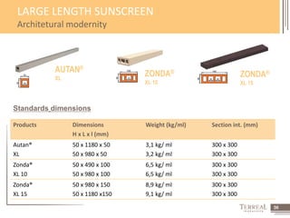 36 
LARGE LENGTH SUNSCREEN 
Architetural modernity 
Standards dimensions 
Products Dimensions 
H x L x l (mm) 
Weight (kg/ml) Section int. (mm) 
Autan® 
XL 
50 x 1180 x 50 
50 x 980 x 50 
3,1 kg/ ml 
3,2 kg/ ml 
300 x 300 
300 x 300 
Zonda® 
XL 10 
50 x 490 x 100 
50 x 980 x 100 
6,5 kg/ ml 
6,5 kg/ ml 
300 x 300 
300 x 300 
Zonda® 
XL 15 
50 x 980 x 150 
50 x 1180 x150 
8,9 kg/ ml 
9,1 kg/ ml 
300 x 300 
300 x 300 
AUTAN® 
XL 
ZONDA® 
XL 10 
ZONDA® 
XL 15 
 