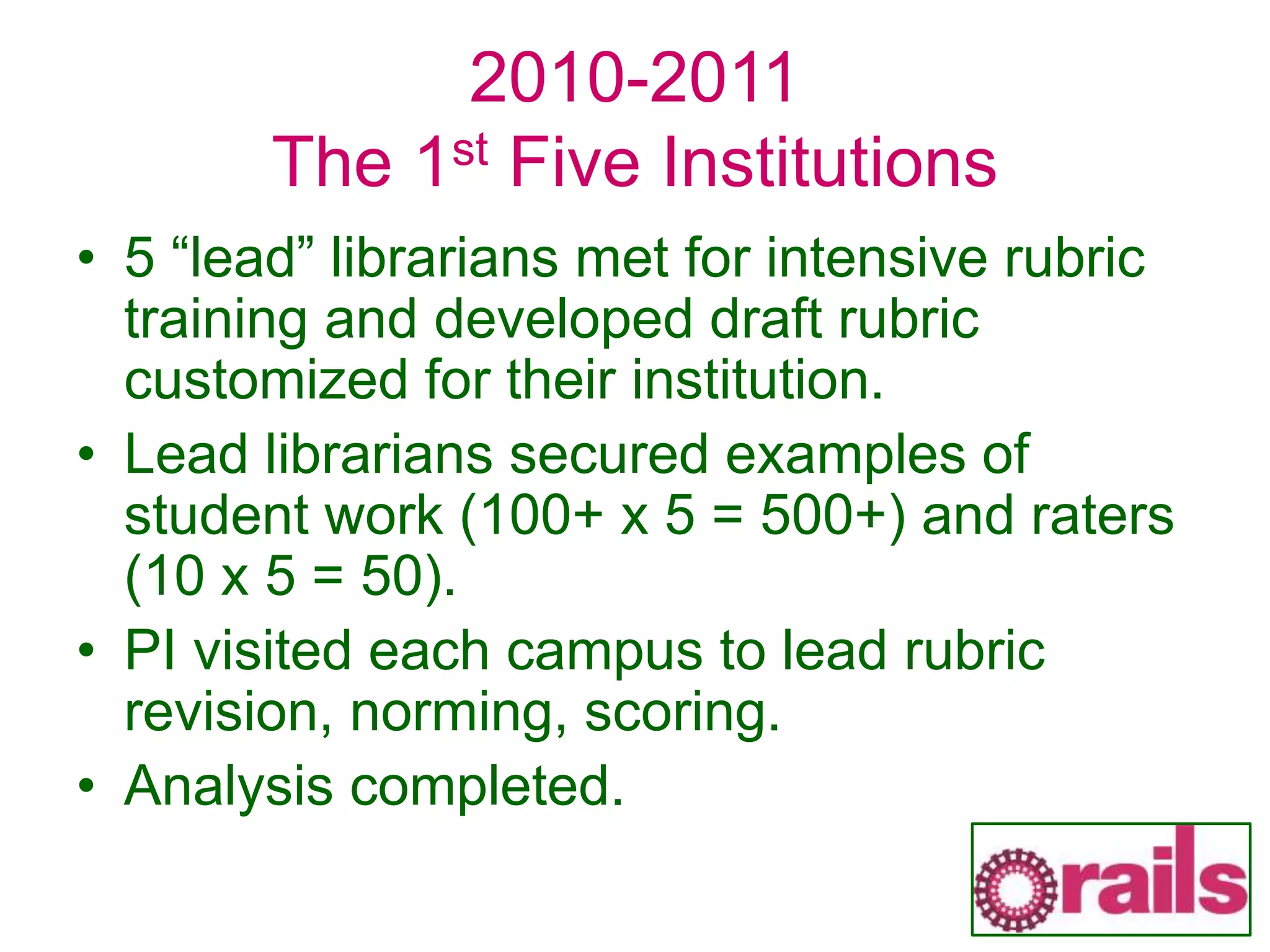2010-2011
The 1st Five Institutions
• 5 “lead” librarians met for intensive rubric
training and developed draft rubric
customized for their institution.
• Lead librarians secured examples of
student work (100+ x 5 = 500+) and raters
(10 x 5 = 50).
• PI visited each campus to lead rubric
revision, norming, scoring.
• Analysis completed.
 