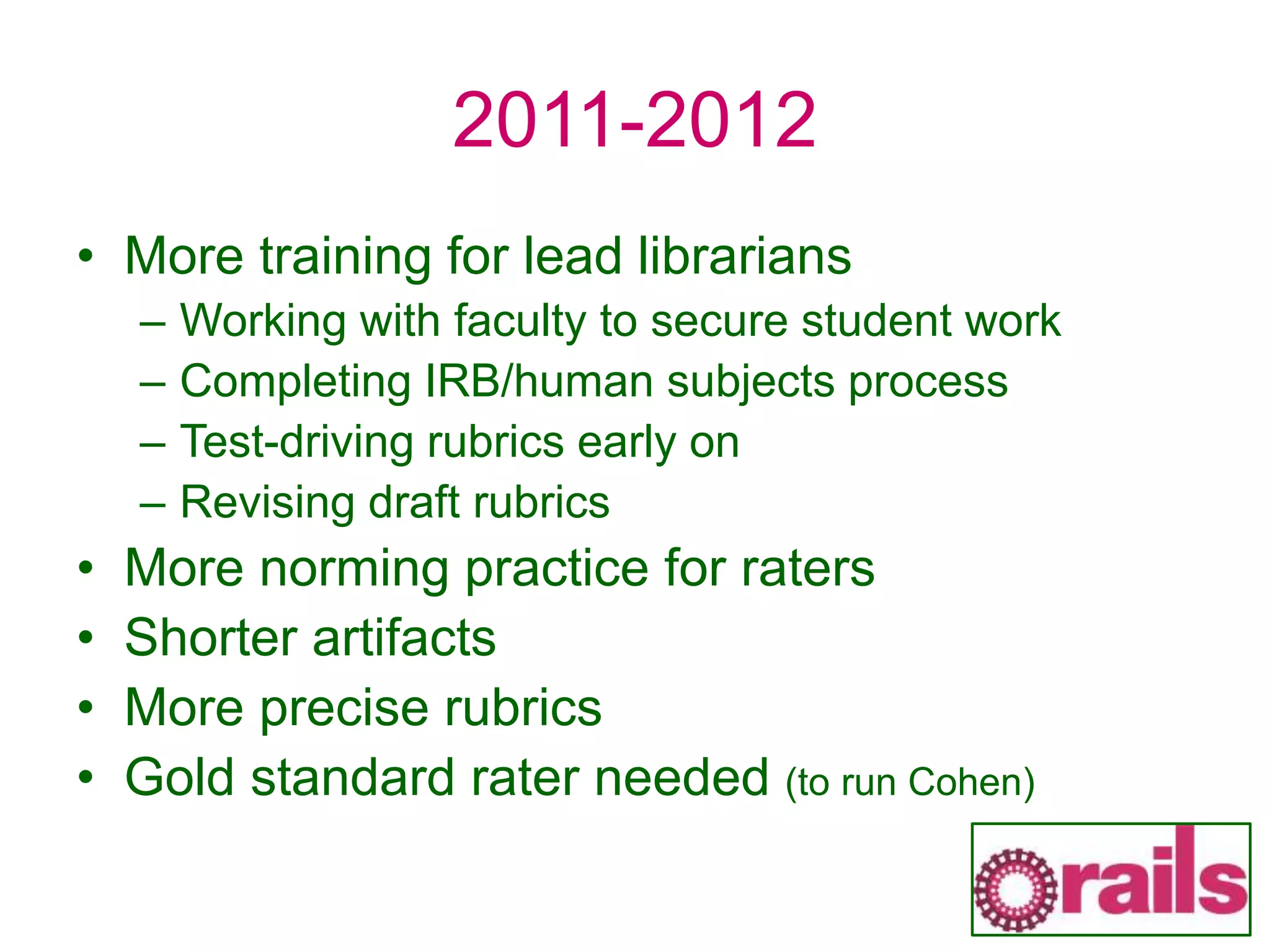 2011-2012
• More training for lead librarians
– Working with faculty to secure student work
– Completing IRB/human subjects process
– Test-driving rubrics early on
– Revising draft rubrics
• More norming practice for raters
• Shorter artifacts
• More precise rubrics
• Gold standard rater needed (to run Cohen)
 