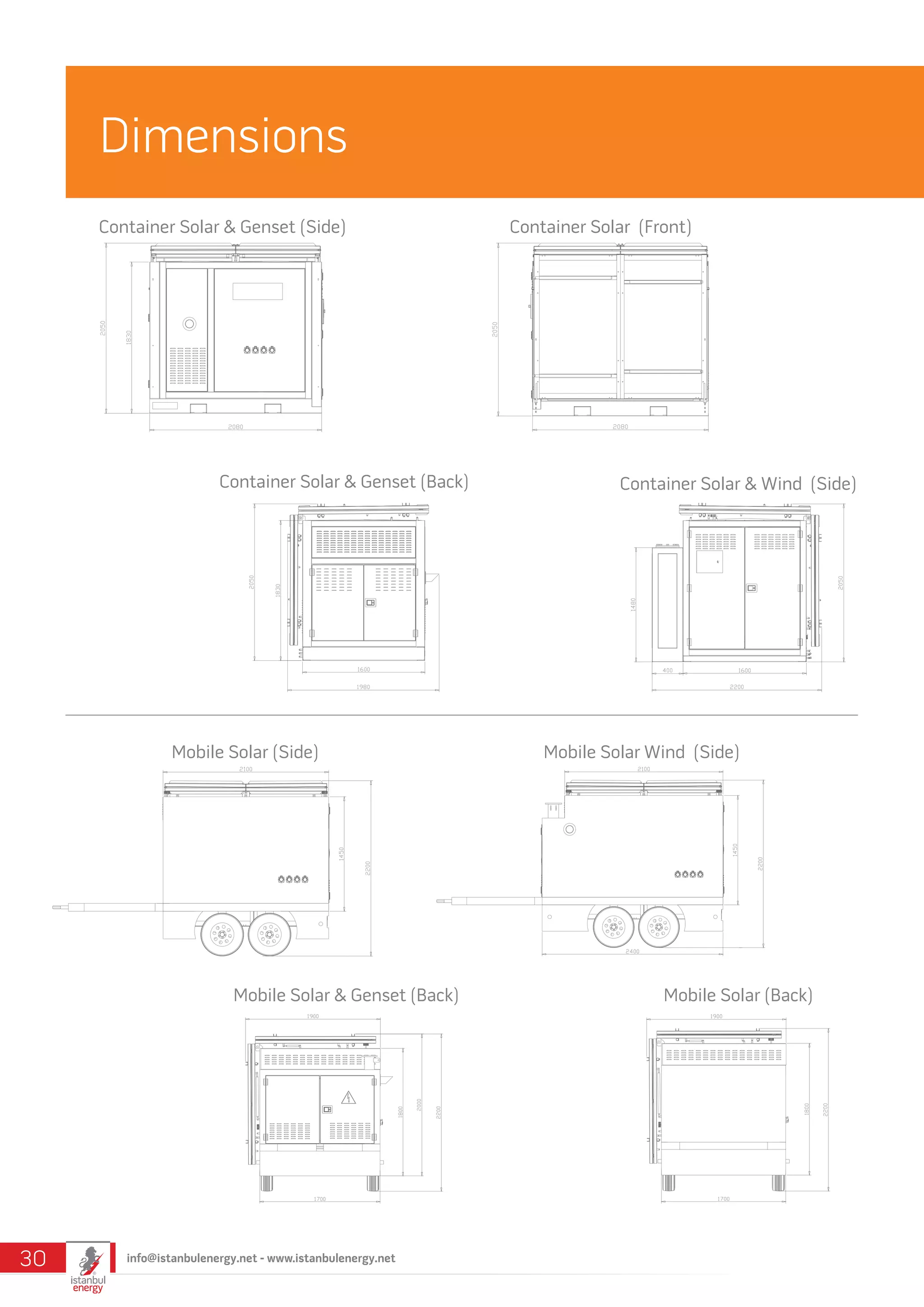 Dimensions
Container Solar & Genset (Side)
Container Solar & Genset (Back)
Mobile Solar (Side)
Mobile Solar & Genset (Back) Mobile Solar (Back)
Mobile Solar Wind (Side)
Container Solar (Front)
Container Solar & Wind (Side)
info@istanbulenergy.net - www.istanbulenergy.net30
 