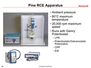 14 Honeywell Confidential
Pine RCE Apparatus
• Ambient pressure
• 80°C maximum
temperature
• 20,000 rpm maximum
speed
• Runs with Gamry
Potentiostat
- LPR
- Potentiostatic/Galvanostatic
Polarization
- CPP
- EIS
 